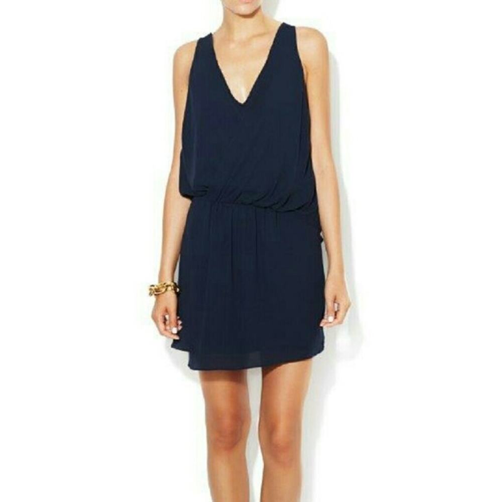 Elizabeth‎ James Dress Womens 00 Tiana Silk Navy Blue Mini Draped Surplice VNeck